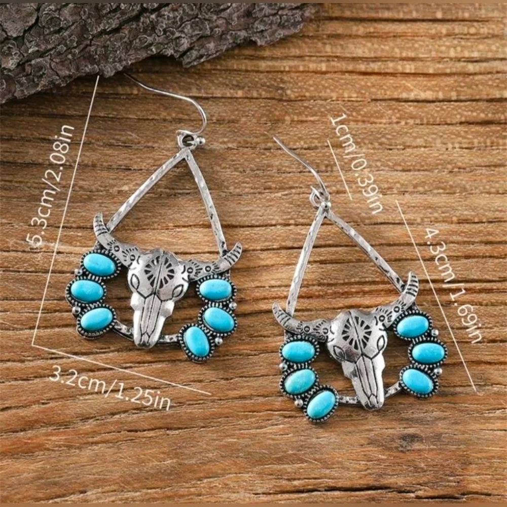 Turquoise and Silver Bull Skull Earrings
